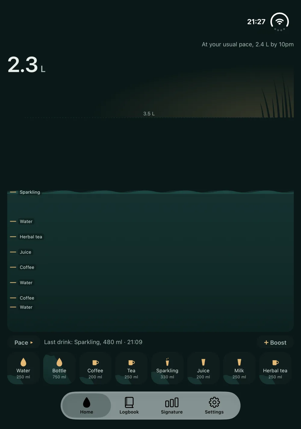 Millpond Home on the unfolded iPhone Duo in portrait. A large 2.3 L total sits top left, a dark green waterline fills most of the tall display, and a row of drink tiles (Water, Bottle, Coffee, Tea and more) sits above a floating tab bar.